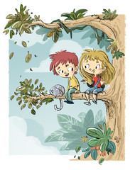 Naklejka premium niños subidos al arbol
