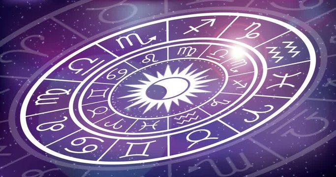 Astrology horoscope circle with zodiac signs vector background. Cosmos, space. Aquarius, libra, leo, taurus, cancer, pisces, virgo, capricorn, sagittarius, aries, gemini, scorpio. purple violet trendy