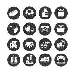 milk product and farm icon in circle buttons