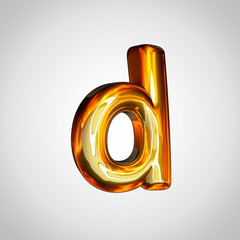 Golden letter D lowercase with fire reflection isolated on white background