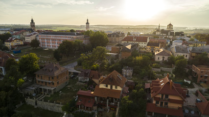Aerial view above an old town at sunset in Kamenets-Podolsky.