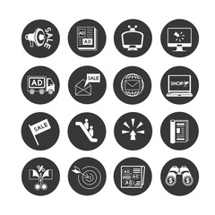 marketing and advertising icon set in circle buttons