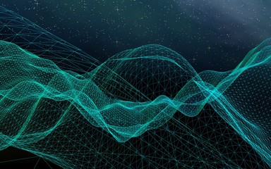 Star horizon. Abstract landscape on a dark background. Cyberspace grid. Hi-tech network. Outer space. Starry outer space texture. 3D illustration