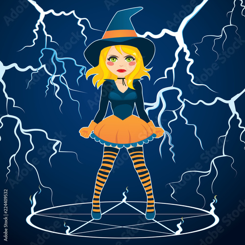 Angry Furious Witch With Green Changing Eyes Casting Magic Spell On Angry Furious Witch With Green Changing Eyes Casting Magic Spell On Blue Storm Thunder Background