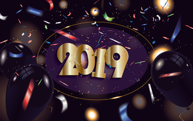 2019 New Year banner with black balloons and defocused colorful confetti isolated on dark sparkle background