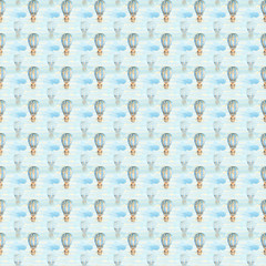 Seamless pattern with watercolor cute bear flying in a hot air balloon and clouds. Digital paper for kids and baby crafts
