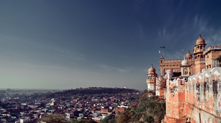 View of Shriji RadhaRani Mandir indian temple, and town Varsana, Barsana. Mathura, Uttar Pradesh, India.