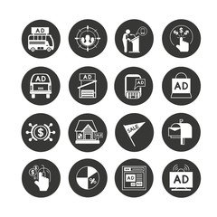 marketing and advertising icon set in circle buttons