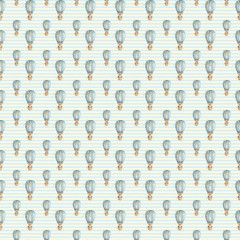 Seamless pattern with watercolor cute bear flying in a hot air balloon and clouds. Digital paper for kids and baby crafts