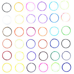 many little hand drawn multicolored circles illustration with stains and blots on white background