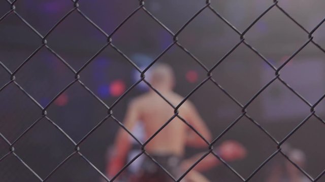 Athletes in the ring extreme Sport mixed martial arts competition tournament series MMA. Octagonal ring for fights. Blurred.