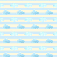 Seamless pattern with watercolor cute clouds and stripes. Digital paper for kids and baby crafts