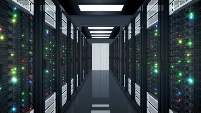 Beautiful Seamless Server Racks Moving Through the Opening Doors in Data Center. Looped 3d Animation with Flickering Computer Lights. Big Data Cloud Technology Concept. 4k Ultra HD 3840x2160.