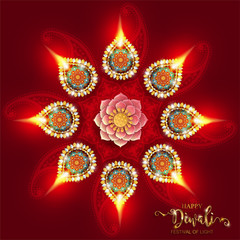 Happy Diwali festival card with gold diya patterned and crystals on paper color Background.