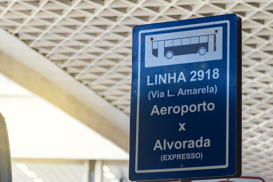 Bus stop sign written in Portuguese at the Galeao International Airport (Rio de Janeiro, Brazil)