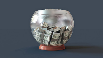 3D illustration of a lot of decks of money 100 dollars with beige stripe in a glass bowl