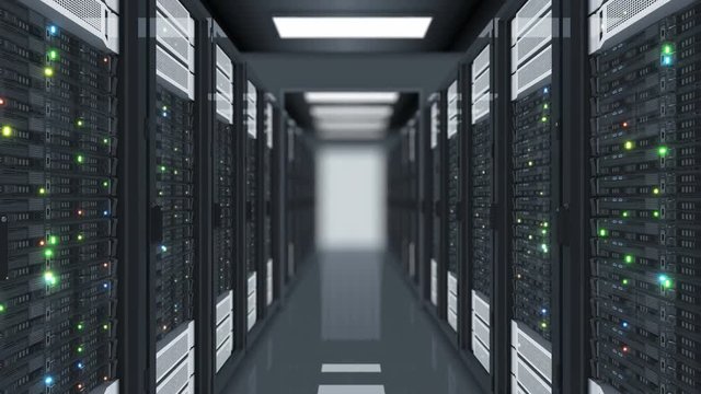 Looped Motion Through the Server Racks in Data Center DOF Blur. Beautiful Seamless 3d Animation with Flickering Computer Lights. Big Data Cloud Technology Concept. 4k Ultra HD 3840x2160.