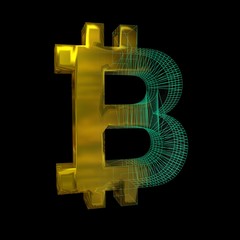 Bitcoin sign, gold turns into a green grid on a black background. 3D illustration