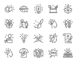 Creativity line icons. Set of Design, Idea and Inspiration linear icons. Imagination, Idea box and Creative signs. Brush with pencil, T-shirt and Out of the box symbols. Quality design. Vector