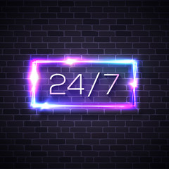 Neon sign 24 7 on brick wall background. Colorful vector illustration.