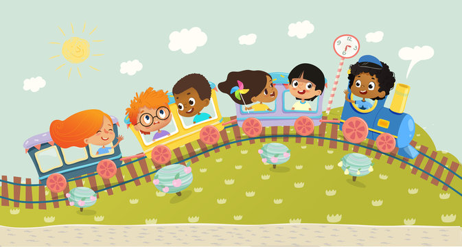 Illustration of the multiracial kids having trip on a train. School kids boys and girls laughing and traveling by colorful train on a green hills. Vector. Can be used for web, poster, banner