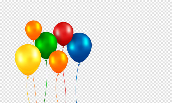 Balloons vector. Realistic Flying Birthday helium balloons. Isolated on transparent background. Party and celebrations decorations. Bunch of Birthday objects.