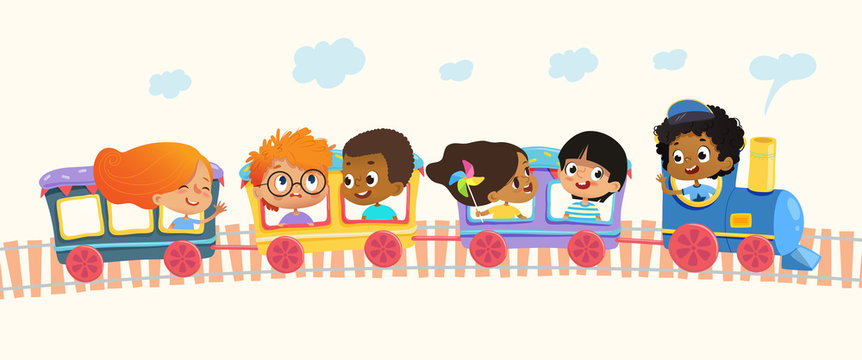 Multiracial School kids boys and girls laughing and traveling by colorful train on a green hills. Vector. Isolated. Can be used for web, poster, banner