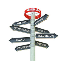 3D rendering of new media and broadcasting direction boards with outlined path that can be extracted from background