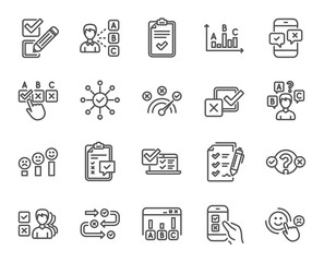Survey or Report line icons. Set of Opinion, Customer satisfaction and Test linear icons. Checklist review, Quiz and Business report symbols. Evaluation, Feedback chart and Management. Vector
