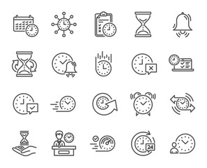 Time line icons. Set of Calendar, Time management and Delivery service linear icons. Checklist, Stopwatch timer and Hand holds hourglass symbols. Test, 24 hours and Presentation. Vector