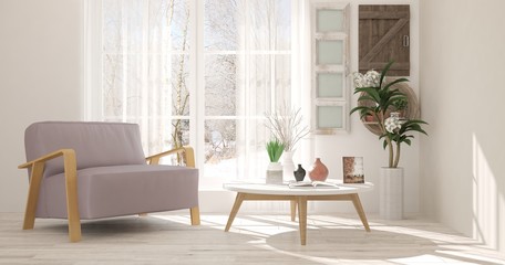 Naklejka premium White room with armchair and winter landscape in window. Scandinavian interior design. 3D illustration