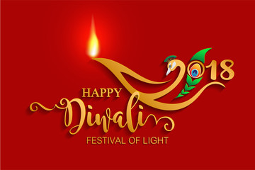 Happy Diwali festival card with gold diya patterned and crystals on paper color Background.