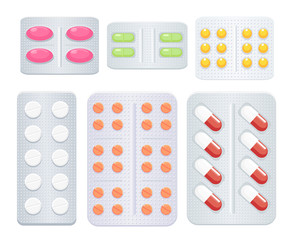 Vector illustration of medicine pills set. Different color and shape pharmaceutical antibiotics drugs, vitamins and pills. Health care concept.