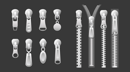 Vector illustration set of metal and silver color fasteners, zippers. Collection of garment components and handbag accessories on dark background.