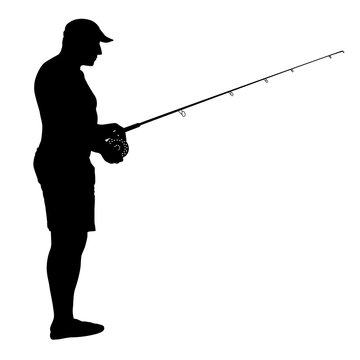 Fisherman and fishing rod isolated on white background