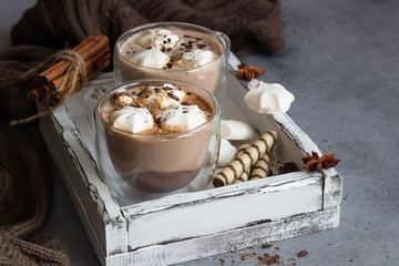 Hot chocolate cocoa drink in glass mug with marshmallows candies, cinnamon sticks, anise, chocolate and waffles. Copy space. Winter food and drink concept.