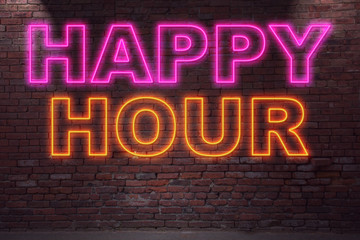 Obraz premium Leuchtreklame Happy Hour an Ziegelsteinmauer