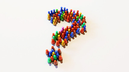 3D Illustration of Red, Green, Blue, Yellow, Colourfully Pawns Standing on a White Background in a Shape of Question Mark