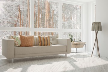 White room with sofa and winter landscape in window. Scandinavian interior design. 3D illustration