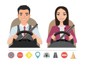 Asian man and woman driving a car. Silhouette of a woman and a man who sit behind the wheel