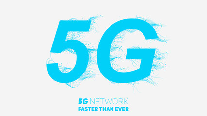 Vector abstract 5G new wireless internet connection background. Global network high speed network. Abstract 5G symbol with curly lines and tiny dots trails on a white background.