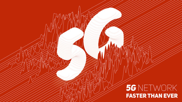 Vector Abstract 5G New Wireless Internet Connection Background. Global Network High Speed Network. Sliced 3d 5G Symbol On A Red Background With Wave Pattern. Signal Spectrum.