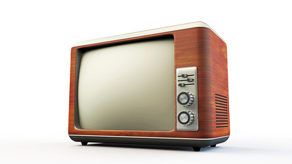 3d rendering of wooden body old retro CRT tv with body and screen outlined paths - obrazy, fototapety, plakaty