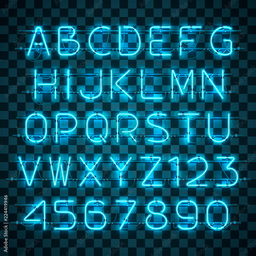 Wall mural glowing blue neon alphabet with letters from a to z and digits from 0 to 9 on transparent background