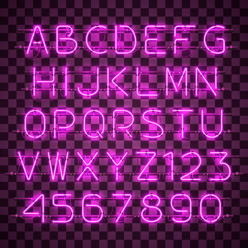 Glowing purple neon alphabet with letters from A to Z and digits from 0 to 9 on transparent background. Shining neon effect. Every letter is separate unit with wires, tubes, brackets and holders.