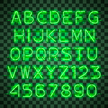 Glowing green neon alphabet with letters from A to Z and digits from 0 to 9 on transparent background. Shining neon effect. Every letter is separate unit with wires, tubes, brackets and holders.