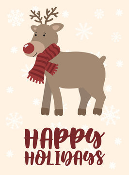 Winter Christmas and New Year illustration. Vector image of a cartoon reindeer in a scarf. Hand-drawn greeting card on a background of snowflakes with the inscription Happy Holidays