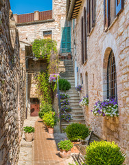 Fototapeta na wymiar Scenic sight in Spello, flowery and picturesque village in Umbria, province of Perugia, Italy.