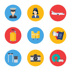 Set of Aviation and airport icons in flat style on white background. Collection of Stewardess, Pilot, Airplane, Passports, Suitcase, Life jacket, Camera, security checkpoint vector illustration