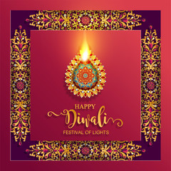 Happy Diwali festival card with gold diya patterned and crystals on paper color Background.